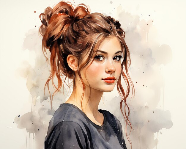 Watercolor illustration of a young beautiful girl demonstrating a modern youth hairstyle a nonexistent person AI generated