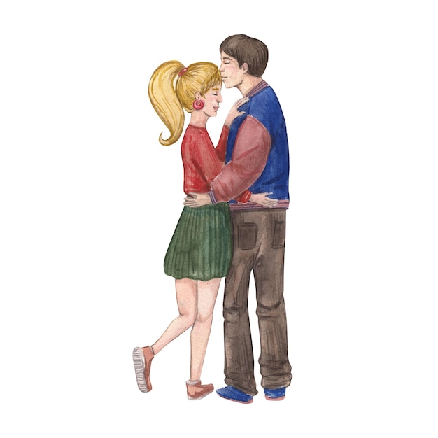 Watercolor illustration of a young couple in an affectionate embrace An 80s couple young people
