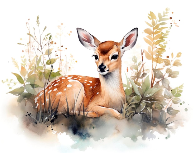 Watercolor illustration of a young deer sitting in the grass