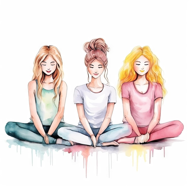 Watercolor illustration of young girls in motion white background