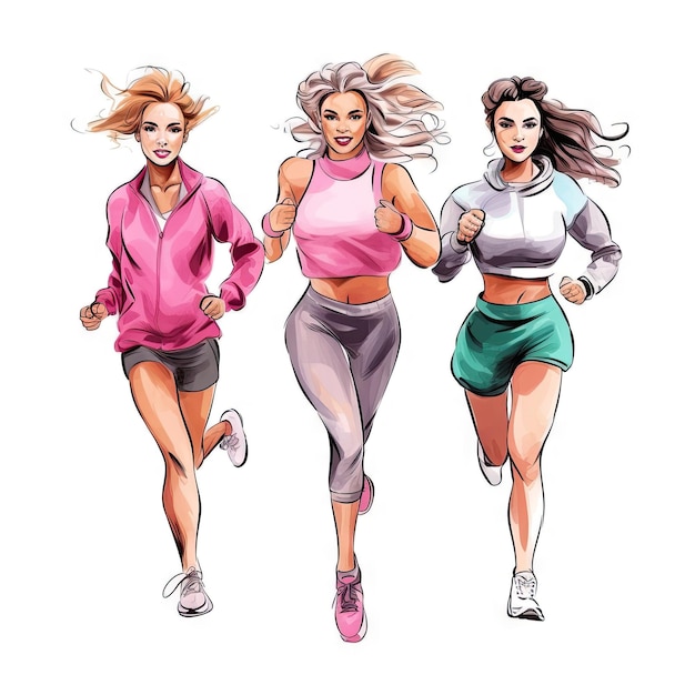 Watercolor illustration of young girls in motion white background