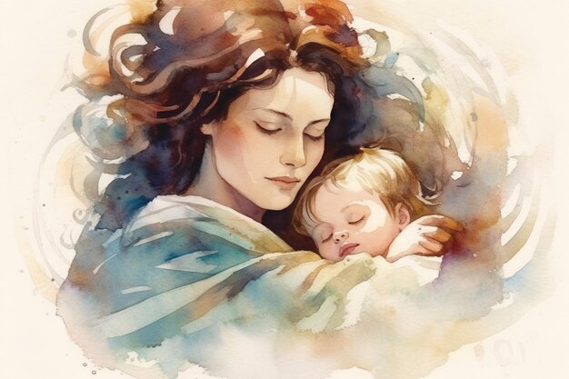 Watercolor illustration of young mother with baby in her arms Mom hugs her newborn with love