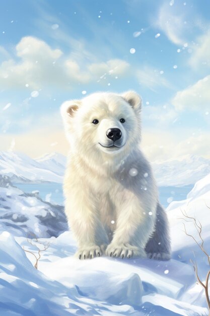 Watercolor illustration of a young polar bear