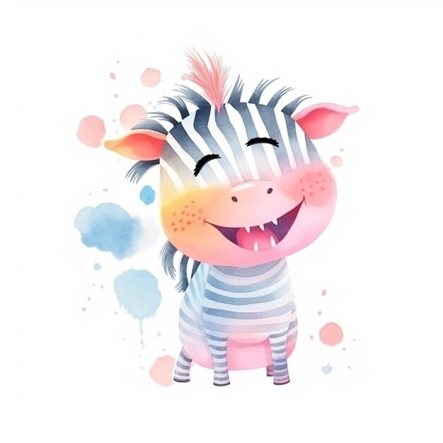 Watercolor illustration of a zebra with pink eyes and a pink nose.