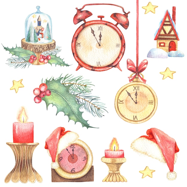 Photo watercolor illustrations clip art christmas set with vintage clocks in gold.