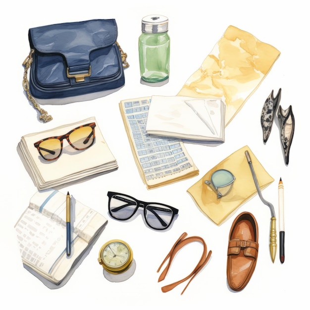 Photo watercolor illustrations of everyday life hat glasses bag and more
