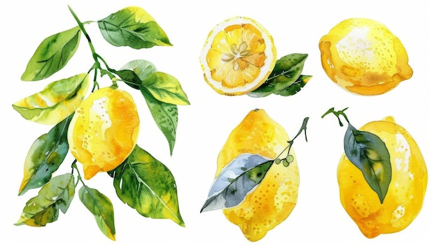 Акварельные иллюстрации зрелых лимонов на белом фоне Ручно нарисованные зрелые лимонные ветви с зелеными листьями