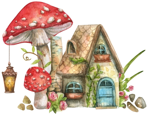 Watercolor illustrations of small houses and mushrooms in the forest isolated on a white background