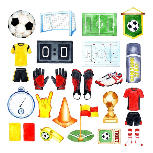 Watercolor illustrations of soccer ball cup stopwatch red and yellow cards flag whistle