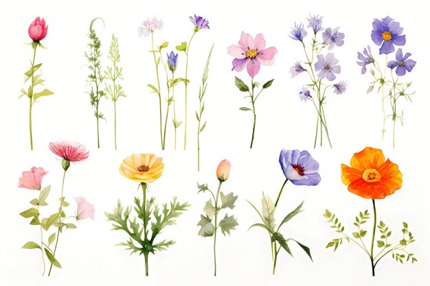 Photo watercolor illustrations of various flowers on an isolated white background