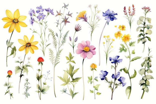 Photo watercolor illustrations of various flowers on an isolated white background