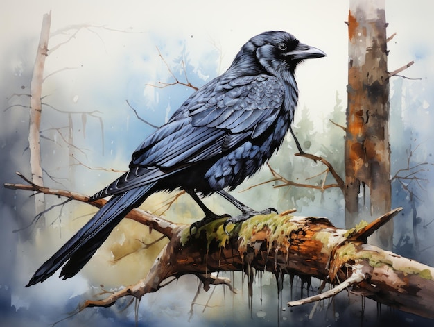 Watercolor illutration of a black crow