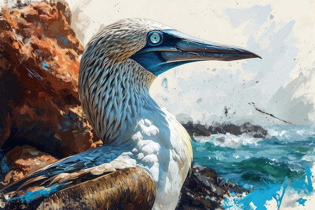 Watercolor image of a BlueFooted Booby a seabird known for its distinctive blue feet