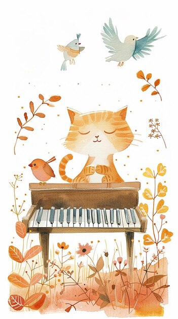 watercolor image of a cat playing a piano and birds