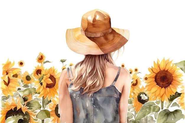 Watercolor image of a girl in a yellow straw hat on a sunflower field drawn from back Generated ai