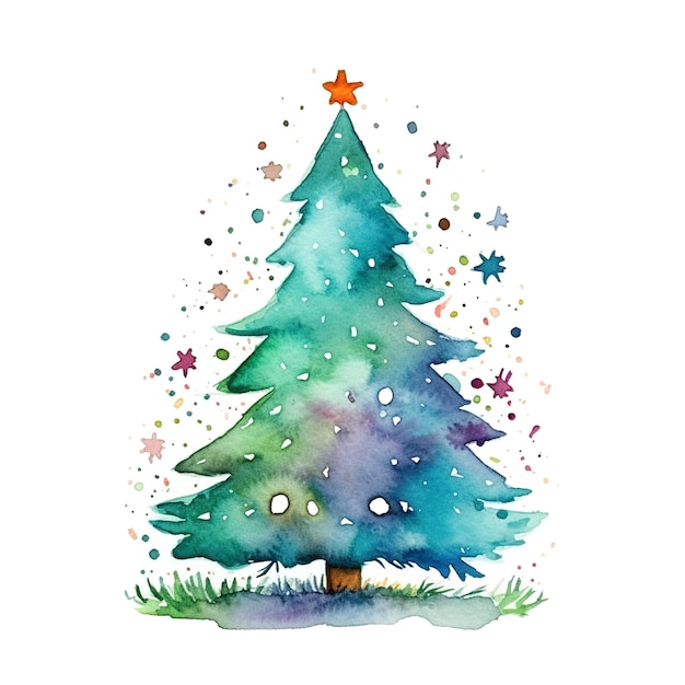 Watercolor image green christmas tree with star isolated on white background generated ai