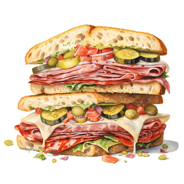 Watercolor image of a grill muffuletta sandwich