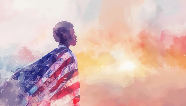 The watercolor image has a mood of patriotism and pride