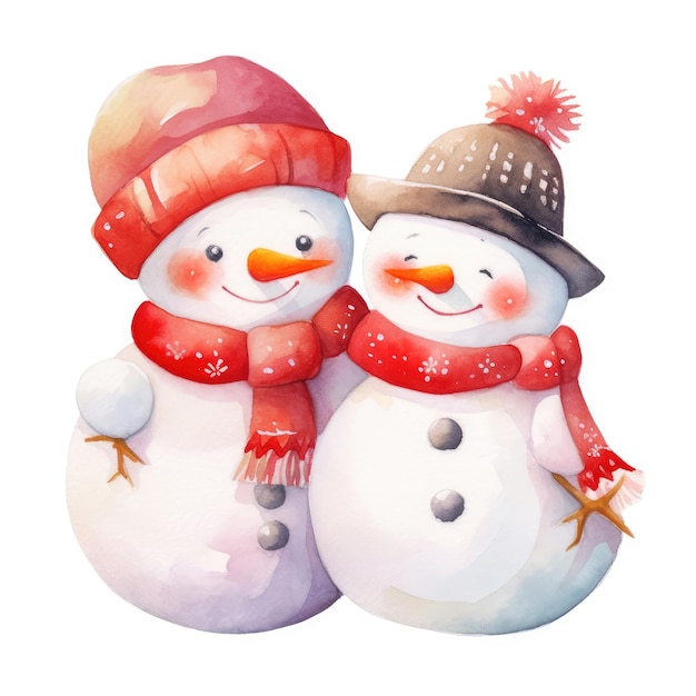 Watercolor image of laughing couple of snowmen