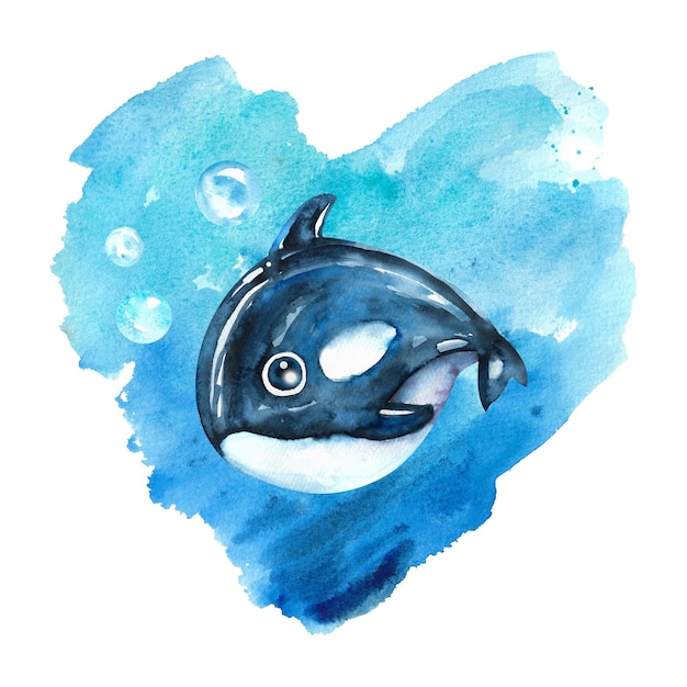 Watercolor image of marine life Killer whale on the background of a blue heart