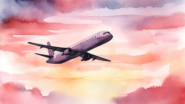 Watercolor image passenger airplane flies in the pink dawn sky generated ai