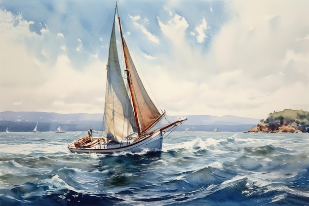 Акварельное изображение морского пейзажа с яхтой в бухте Сгенерировано ai