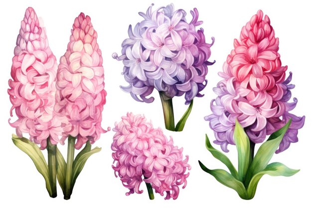 Photo watercolor image of a set of hyacinth flowers on a white background