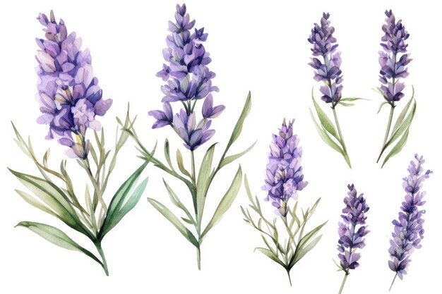 Watercolor image of a set of lavender flowers on a white background