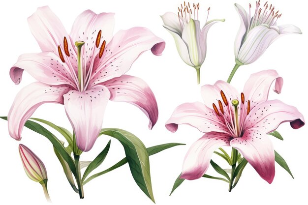 Photo watercolor image of a set of lily flowers on a white background