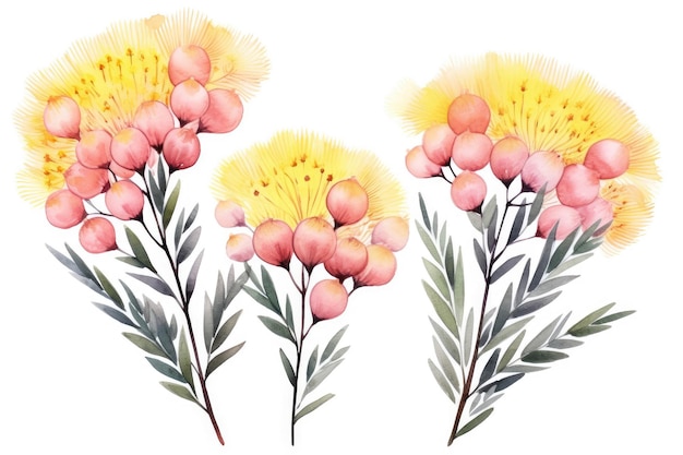 Watercolor image of a set of mimosa flowers on a white background