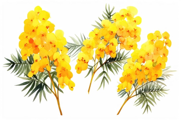 Watercolor image of a set of mimosa flowers on a white background