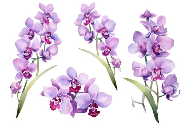 Watercolor image of a set of orchid flowers on a white background