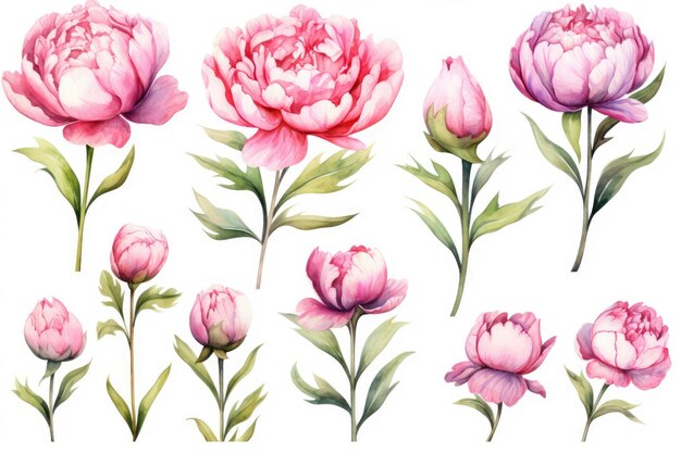 Watercolor image of a set of peony flowers on a white background