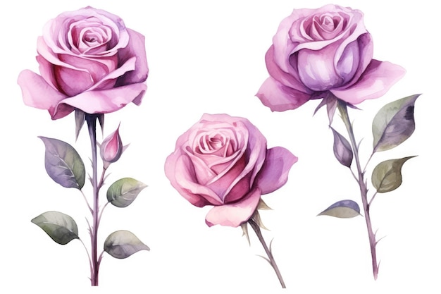 Watercolor image of a set of rose flowers on a white background