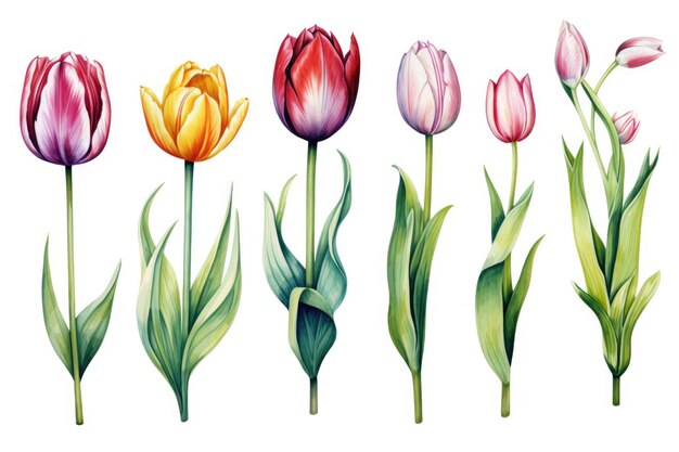 Watercolor image of a set of tulip flowers on a white background