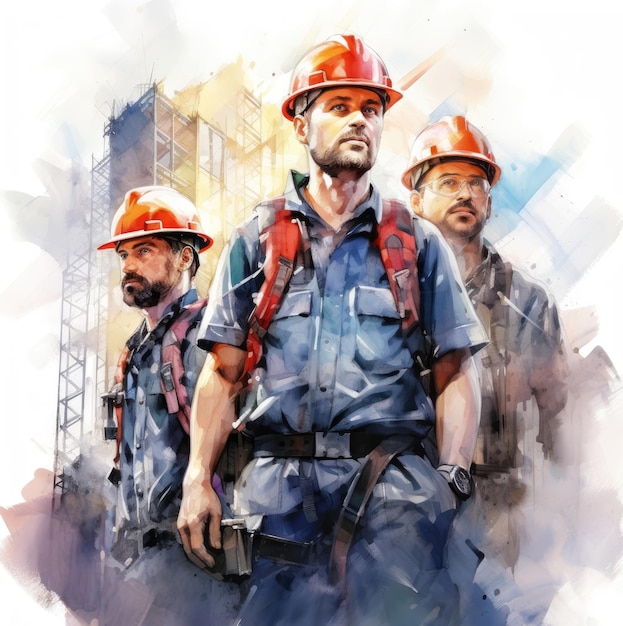 Watercolor image of a team of builders of different profiles