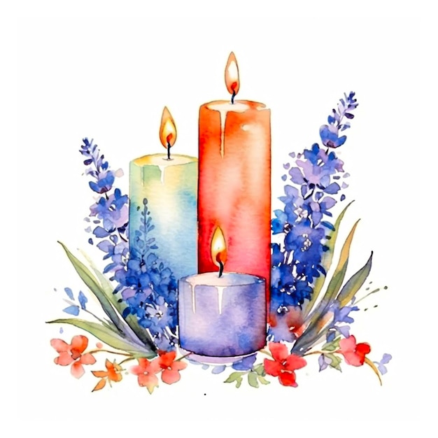 흰색 배경에 꽃과 수채화 독립 기념일 촛불