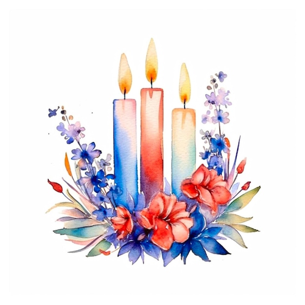 a watercolor Independence day candle with flowers on white background