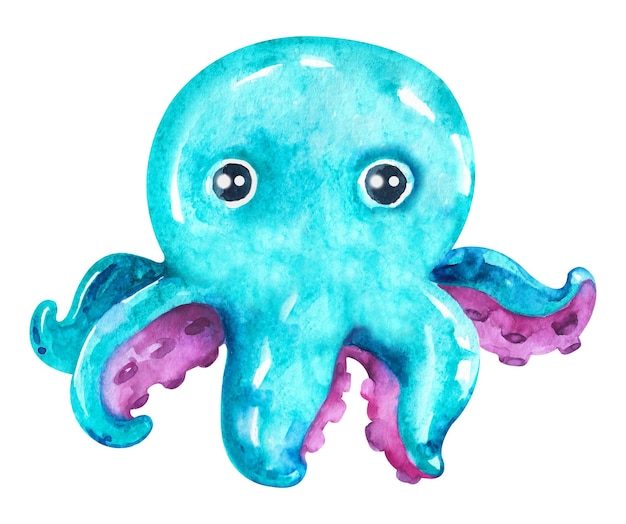 Watercolor inhabitants of the ocean. Blue octopus on a white background