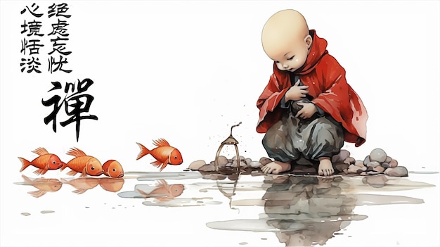 A watercolor ink picture of a little monk in a Chinese cassock and a red fish