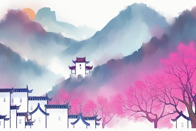 Watercolor ink splash abstract art illustration painting sun mountain tree house flying bird