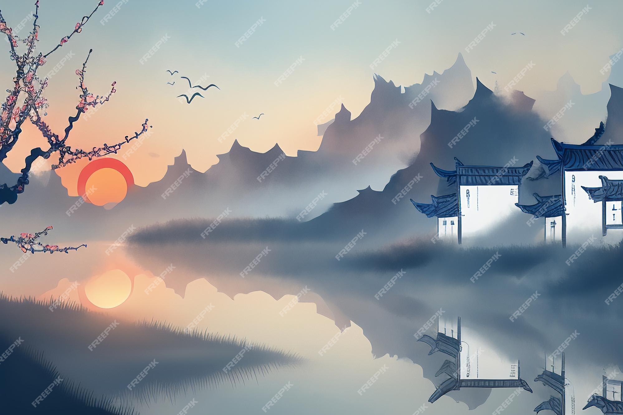 Chinoiserie Sunrise Painting Wallpaper Chinese Landscape Wall 