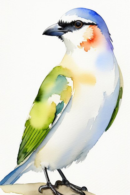 Watercolor ink style colorful bird animal wallpaper background illustration standing on branch