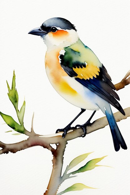 Watercolor ink style colorful bird animal wallpaper background illustration standing on branch