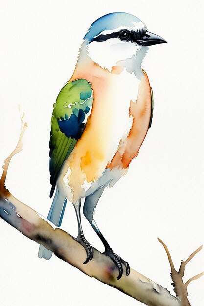 Watercolor ink style colorful bird animal wallpaper background illustration standing on branch