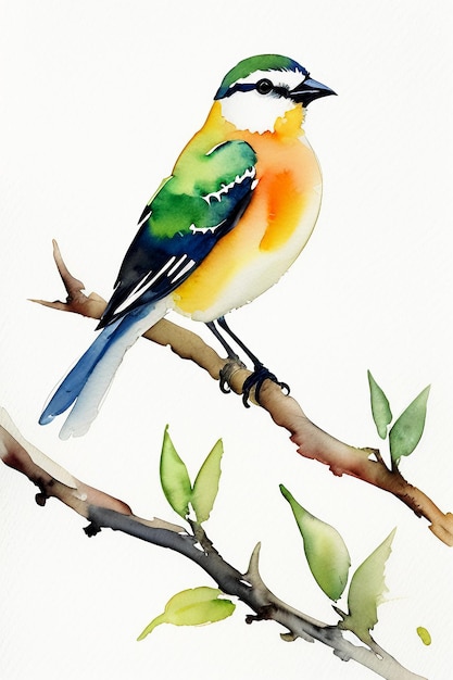 Watercolor ink style colorful bird animal wallpaper background illustration standing on branch