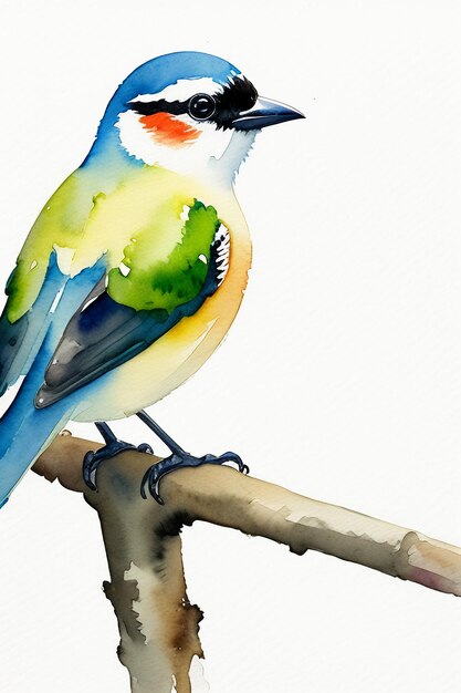 Watercolor ink style colorful bird animal wallpaper background illustration standing on branch