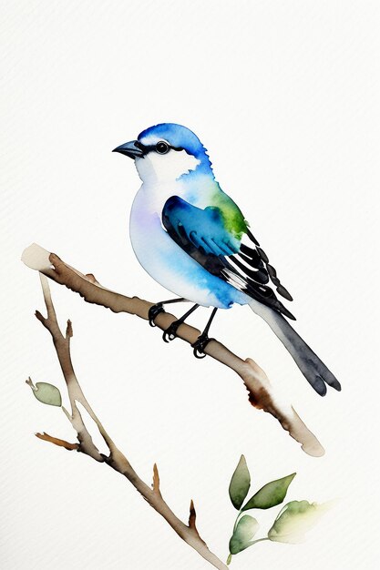 Watercolor ink style colorful bird animal wallpaper background illustration standing on branch