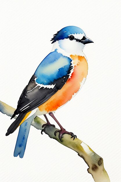 Watercolor ink style colorful bird animal wallpaper background illustration standing on branch