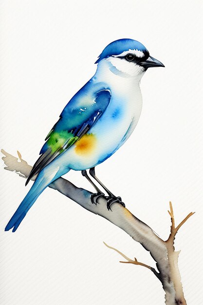 Watercolor ink style colorful bird animal wallpaper background illustration standing on branch